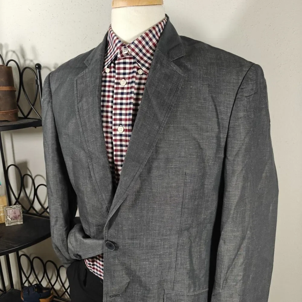 Pronto‎ Uomo Blue Men's Sport Coat Blazer Two Button Gray Linen Cotton Size XL